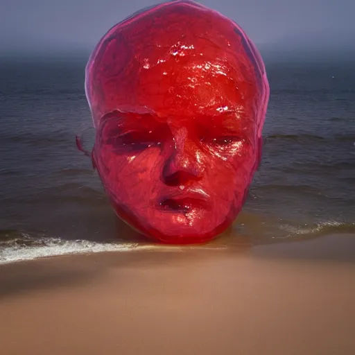 Prompt: a giant human head sculpture in the sea made out of juicy and half transparent red jelly, in the style of chad knight, long shot, hyper detailed, hyper realistic, ray tracing, 8 k resolution, sharp focus, realistic water, award winning