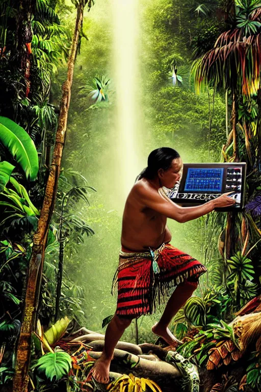 Prompt: an indigenous ecuadorian huaorani man playing with akai mpc 2 0 0 0 in the jungle, wet floor, poster art by daniele caruso, benediktus budi, jason edmiston, vc johnson, powell peralta, volumetric light, fog