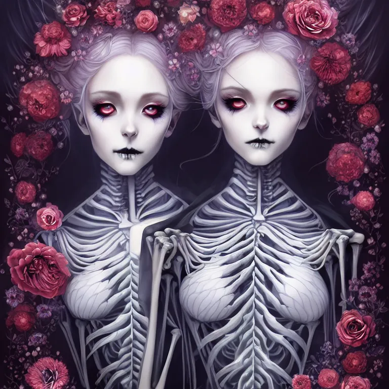 Image similar to stunning anime goddess hybrid skeleton of the floral river flowers, beautiful gothic dress in a dark romance, misty, by cgsociety, in the style of charlie bowater, tom bagshaw, intricate, beautiful, artstation 8 k, high resolutionsparkling atom fractals of jewls cords, by alex grey and hr giger