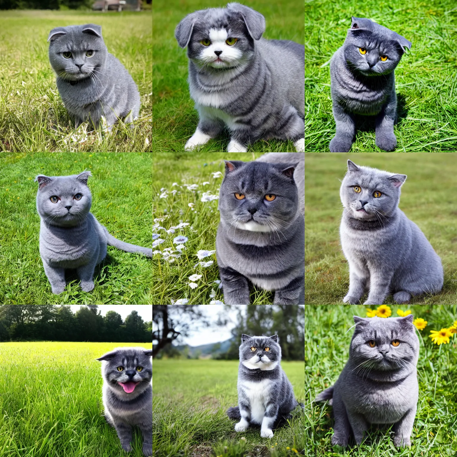 Prompt: charcoal gray scottish fold sitting in the middle of sunny meadow