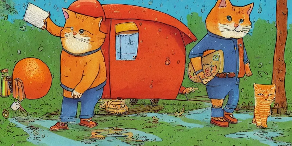 Image similar to a beard man and an orange tabby kitten standing in the rain by richard scarry