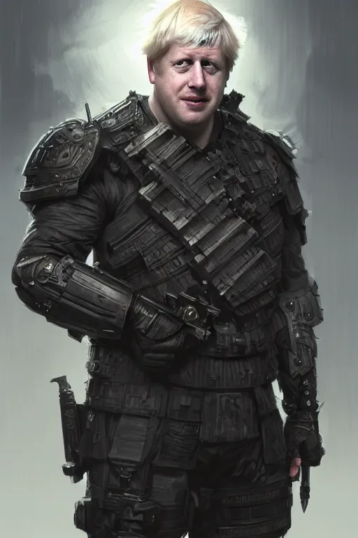 Image similar to Boris Johnson as Punisher, armor plate, realistic portrait, symmetrical, highly detailed, digital painting, artstation, concept art, smooth, sharp focus, illustration, cinematic lighting, art by artgerm and greg rutkowski and alphonse mucha