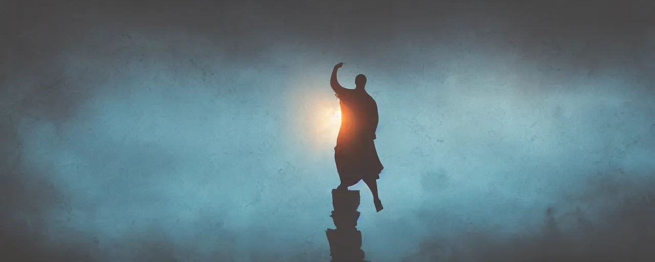 Prompt: Painting of a monk floating over water, silhouette, cinematic lighting, dynamic color