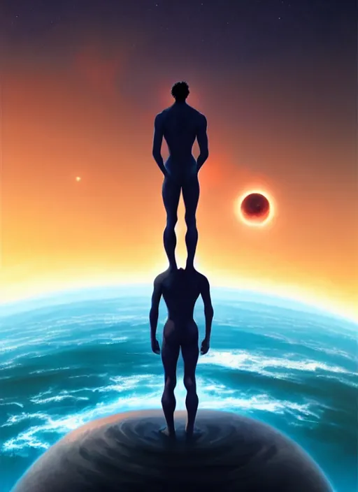 Image similar to symmetry!! landscape of a silhouette man standing on neptune, looking out into the vastness of space, digital art, art by artgerm greg rutkowski and andreas rocha, cinematic lighting, highly detailed, warm colours, 8 k