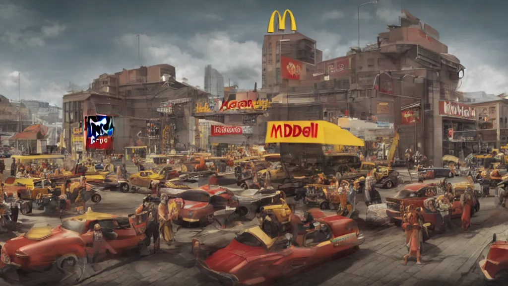 Image similar to McDonald’s fascist dictatorship, concept art, unreal engine 5, matte painting, 8k, highly detailed, artstation