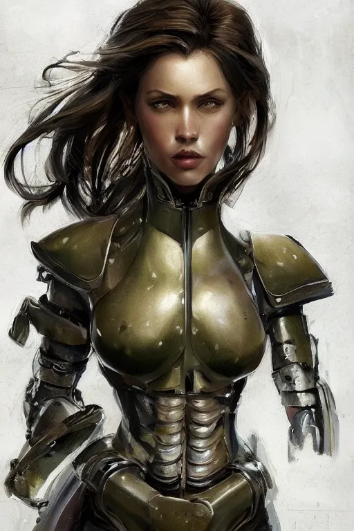 Image similar to a professionally painted portrait of an attractive young woman, clothed in military armor, olive skin, long dark hair, beautiful bone structure, symmetrical facial features, intricate, elegant, digital painting, trending on Artstation, concept art, smooth, sharp focus, illustration, from Metal Gear by Ruan Jia and Mandy Jurgens and Artgerm and William-Adolphe Bouguerea, award winning