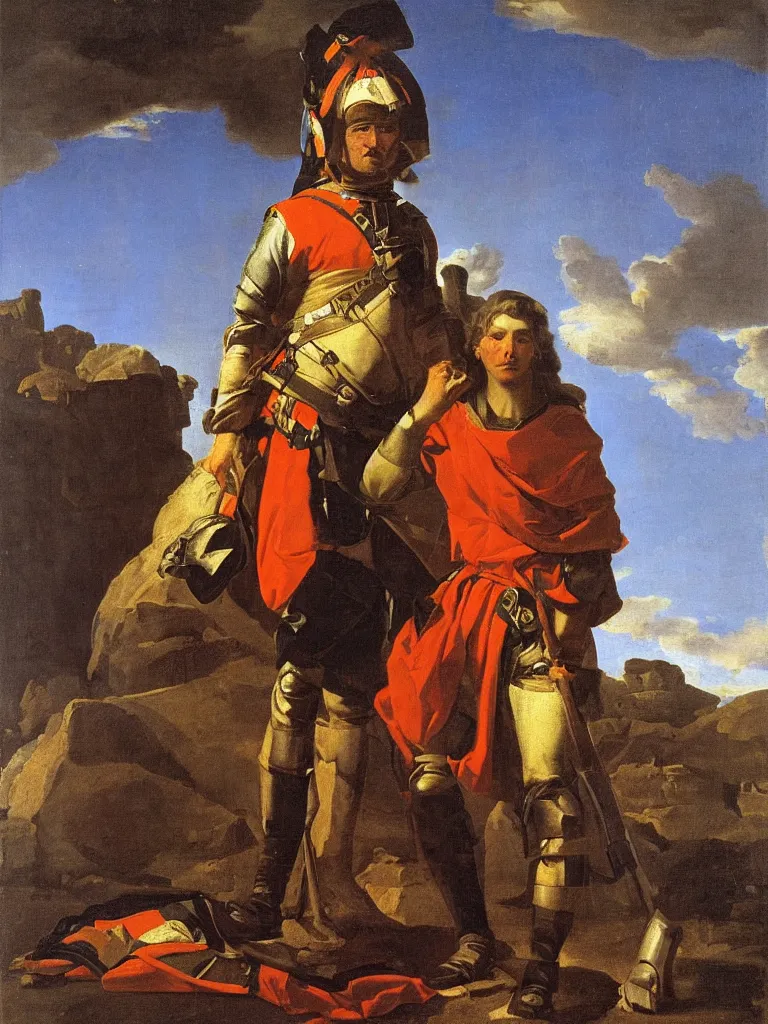 Image similar to portrait of a soldier with the queen, by nicolas poussin