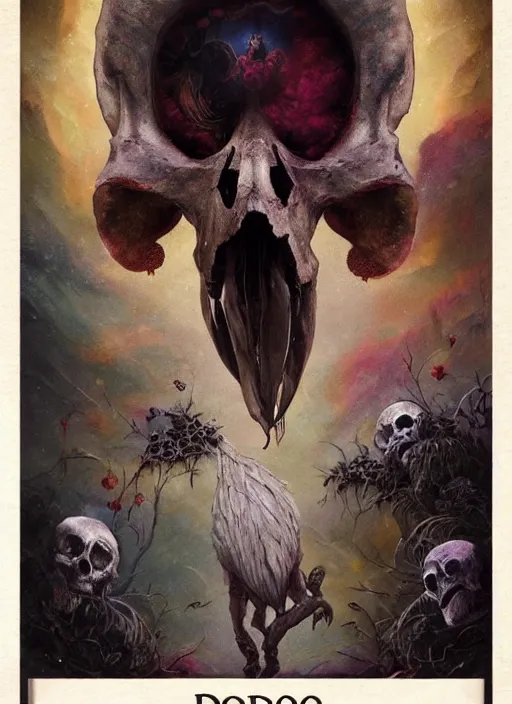 Prompt: the dodo, death tarot card, highly detailed, half skull face, cinematic, 8 k, by megan duncanson, benjamin lacombe, adrian borda, stanley artgermm, tom bagshaw, craig mullins, carne griffiths, ayami kojima, beksinski, giger, trending on deviantart, hyper detailed, horror, full of colour