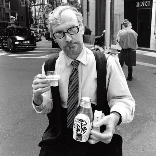 Image similar to hugh hopper holding an orange and a diet pepsi sitting on a street corner