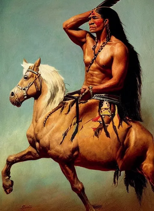 Image similar to powerful native american warrior!! beautiful native american sitting on horse, nineteenth century painting, painted by frank frazetta