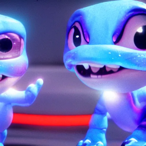 Image similar to cute smiling pixar and chibi style electric blue scaled glowing baby dinosaurs in tron movie, cinestill