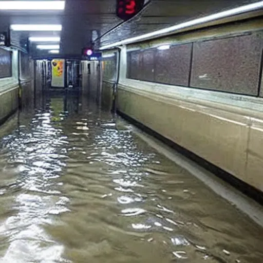 Image similar to photo of a subway station, the floor is flooded with one meter deep water. eerie