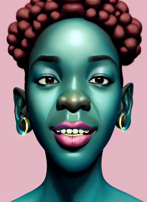 Image similar to portrait of shy black girl, realistic, bantu knots, pointy nose, lanky, smile, nerdy, defined jawline, big chin, teal hair bow, earrings, intricate, elegant, glowing lights, highly detailed, digital painting, artstation, sharp focus, illustration, complimentary colors, art by wlop, mars ravelo and greg rutkowski