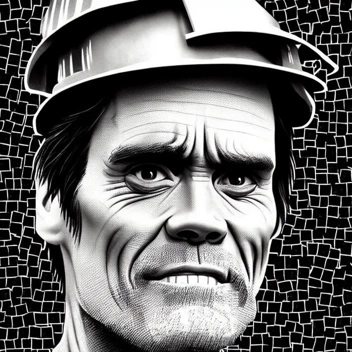 Image similar to extreme close - up on jim carrey as a miner : background : black tiles on walls. black and white, pencil and ink. by gabriel hardman, joe alves, chris bonura. cinematic atmosphere, detailed and intricate, perfect anatomy