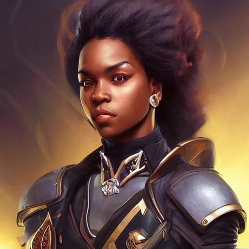 Image similar to portrait of an black female ranger, D&D, fantasy, highly detailed, digital painting, artstation, smooth, sharp focus, illustration, art by artgerm and greg rutkowski and alphonse mucha