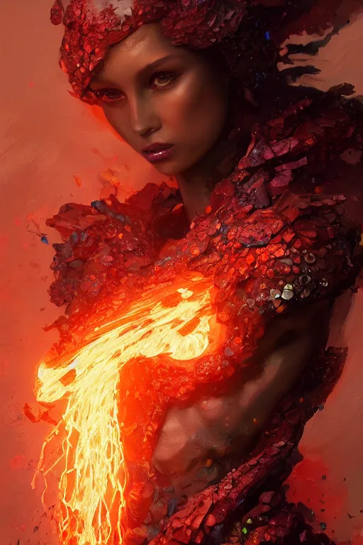 Prompt: torso closeup model wearing exploding glass fire lava dress, sorcerer, diamonds, angel, fantasy, dramatic lighting, highly detailed, digital painting, holding electricity, magic the gathering, hyper detailed, 3 d render, hyper realistic detailed portrait, peter mohrbacher, wlop, ruan jia