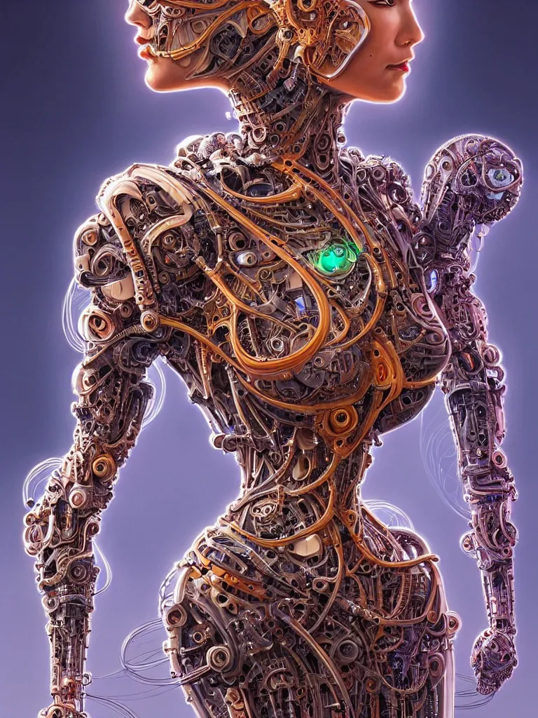 Image similar to full lenght shot woman in biomechanical dress, wearing epic bionic cyborg implants of different colors, detailed intricate ornate cables, by dan mumford and naoto hattori, masterpiece, intricate, elegant futuristic wardrobe, highly detailed, artstation, concept art, background galaxy, cyberpunk colors, art by artgerm and james jean and nick sullo
