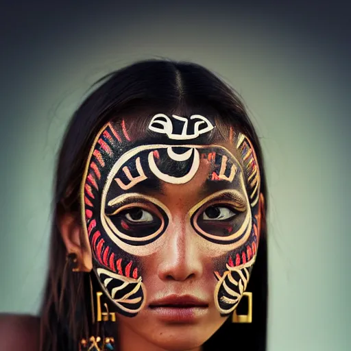 Image similar to portrait of a stunningly beautiful asian tribal female, with tribal face paint, freckles, depth of field, zeiss lens, detailed, symmetrical, centered, fashion photoshoot, by Annie Leibovitz and Steve McCurry, David Lazar, Jimmy Nelsson, Breathtaking, 8k resolution, extremely detailed, beautiful, establishing shot, artistic, hyperrealistic, beautiful face, octane render