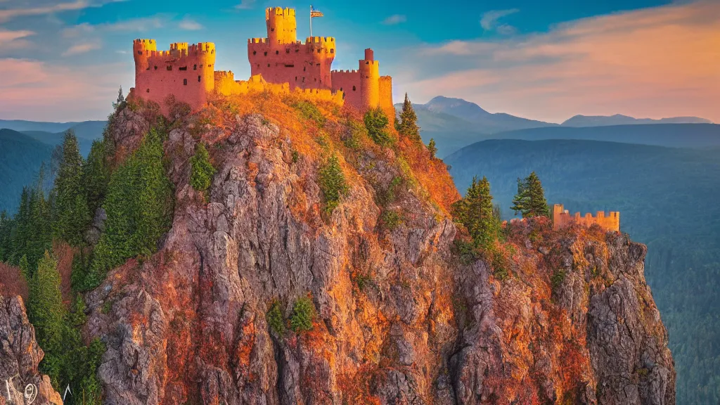 Image similar to castle, velvia, warm color palette, lonely, on a cliff edge