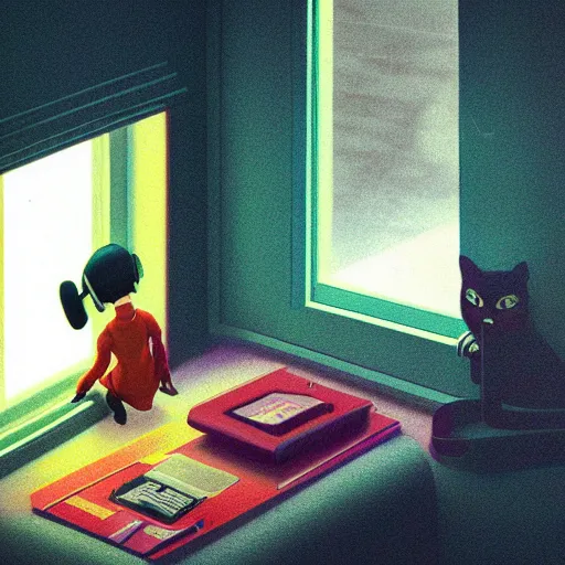 Image similar to a little girl with headphone by yoshitomo nara, in her room, 1 9 8 0, retrofuturism, clean, window, cat, bookself, vase, desk, at night, dramatic lighting, alien technology, detailed by simon stalenhag