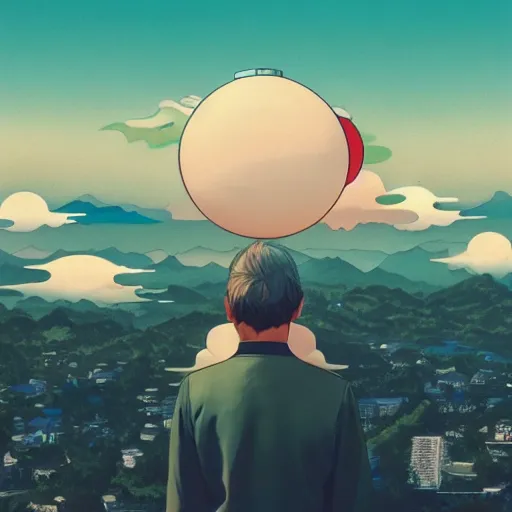 Image similar to a man walking on clouds away from the camera above kyoto by takashi murakami, beeple and james jean, aya takano color style, 4 k, super detailed, modern, 4 k, symmetrical