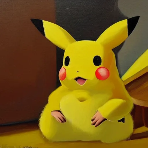 Prompt: sad masterful oil painting of twice divorced alcoholic pikachu alone in his room