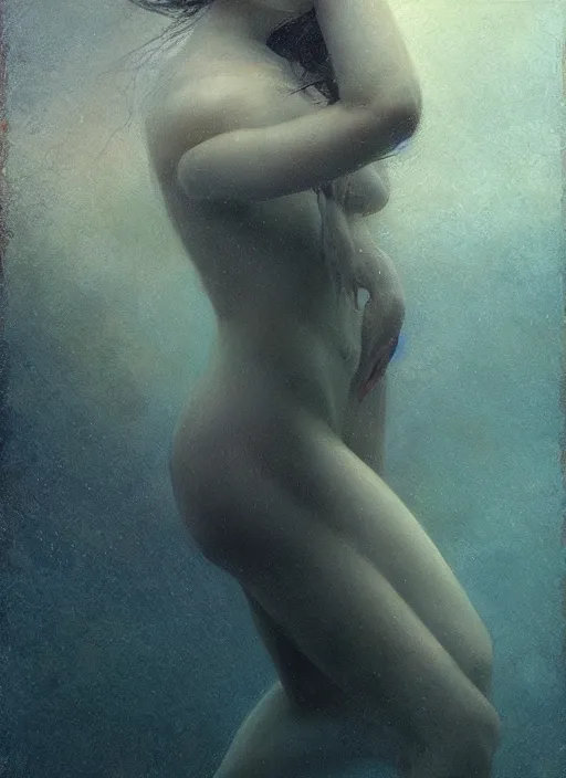 Prompt: underwater and dreaming, back lighting, murky cloudy windy by jeremy lipkin, jesper ejsing, dino valls, rule of thirds, seductive look, beautiful