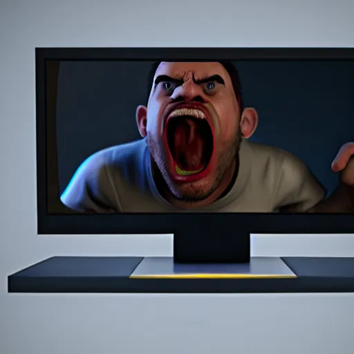 Image similar to an angry man yells at his computer monitor, unreal 4, render