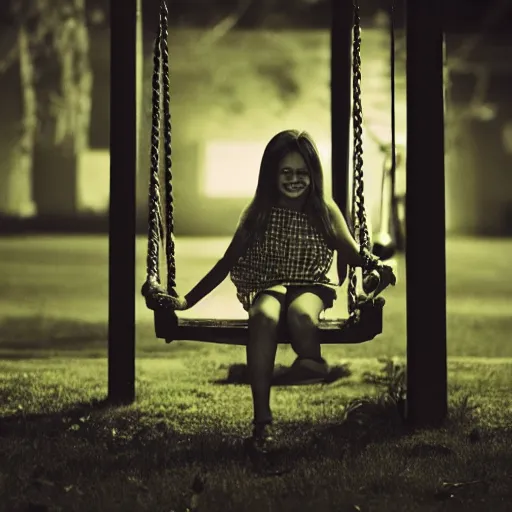 Prompt: inhuman smiling girl alone on a swing in the dark, dark, eerie,