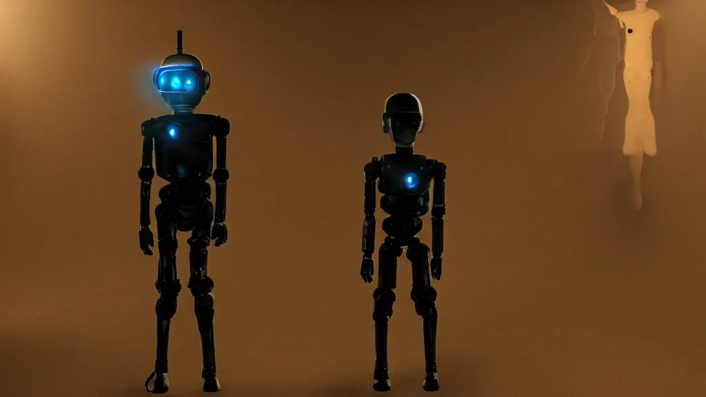 Image similar to movie scene of young boy with a robot head, android, humanoid robot, half human half robot, movie still, cinematic composition, cinematic light, by David Lynch