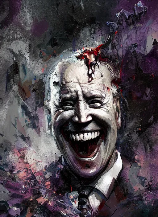 Image similar to crazy mad Joe Biden grinning sadistic smile all powerful emperor of the world, high contrast, cosmic horror, lovecraftian, abstract, masterpiece, trending on ArtStation, by Greg Rutkovski and by Craig Mullins and by David Cronenberg and by Ismail Inceoglu, dark