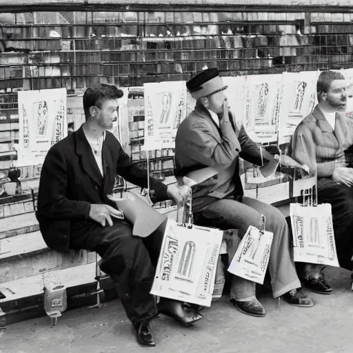 Image similar to A row of three men sitting with price tags on them. They are displayed for purchase. They are examined by a woman.