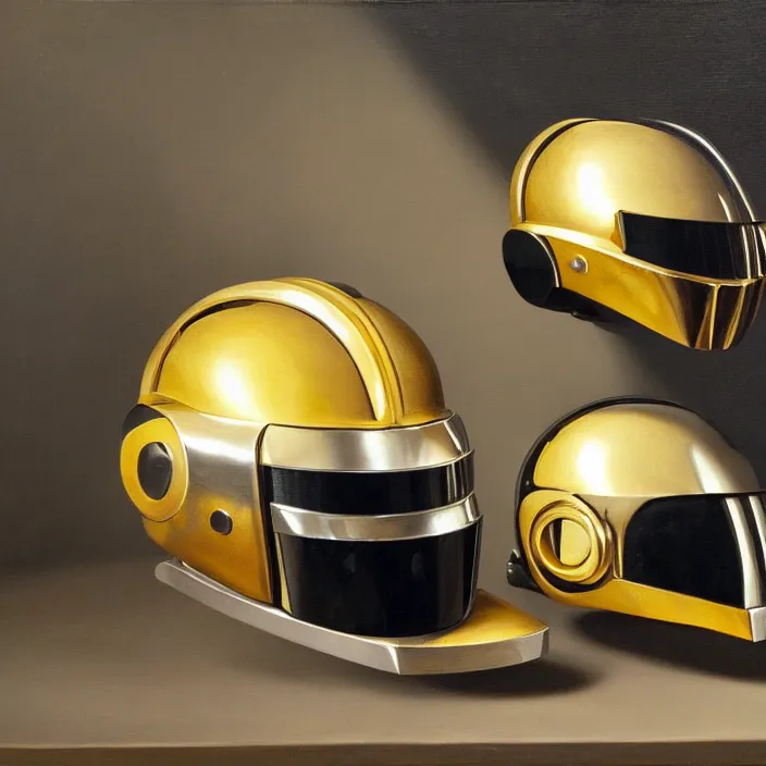 Image similar to still life painting of a daft punk helmets by pieter claesz, oil on canvas, strong lighting, highly detailed, hyper realism, golden hour, god rays, hd, 4 k