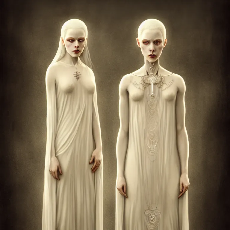 Image similar to alone with herself wonderful symmetrical woman albino goddess with a wonderful face with a beautiful porcelain symmetrical body dressed with a majestic semi transparent cream long cotton dress, hightly ornate, intricate, detailed, dramatic light, award winning, octane render, tom bagshaw style