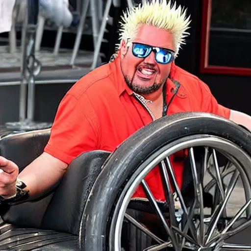 Prompt: guy fieri in a wheel chair, going down stairs, action, hd