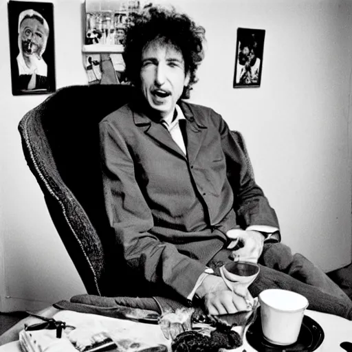 Prompt: bob dylan eating worms, grinning like a child, photograph