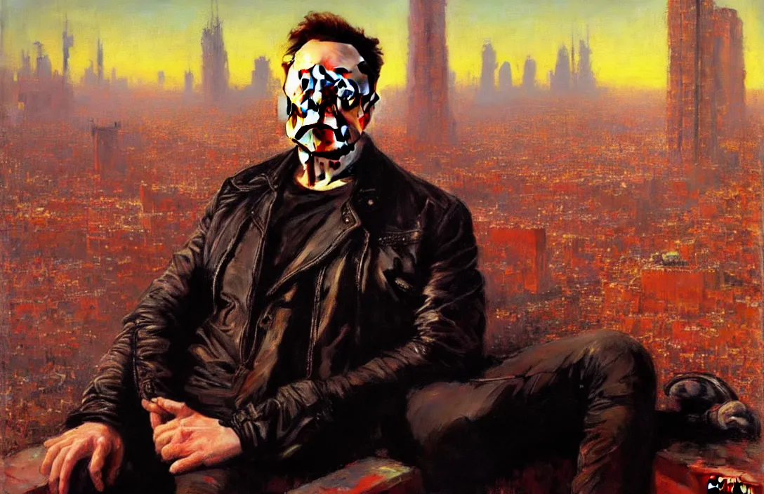 Image similar to portrait of elon musk!!!!!!!!!!!!!!!!!!!!!!!!!!!, detailed face, detailed painting, detailed city background, epic lighting, by ilya repin and phil hale