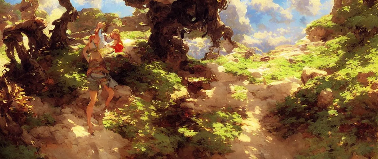 Image similar to cute anime landscape painting by gaston bussiere, craig mullins, j. c. leyendecker