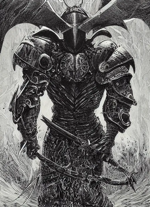 Image similar to emon knight in eldritch armor, blacklight poster on black paper, beautifully symmetrical, high detail render, by bernie wrightson greg rutowsk james jean