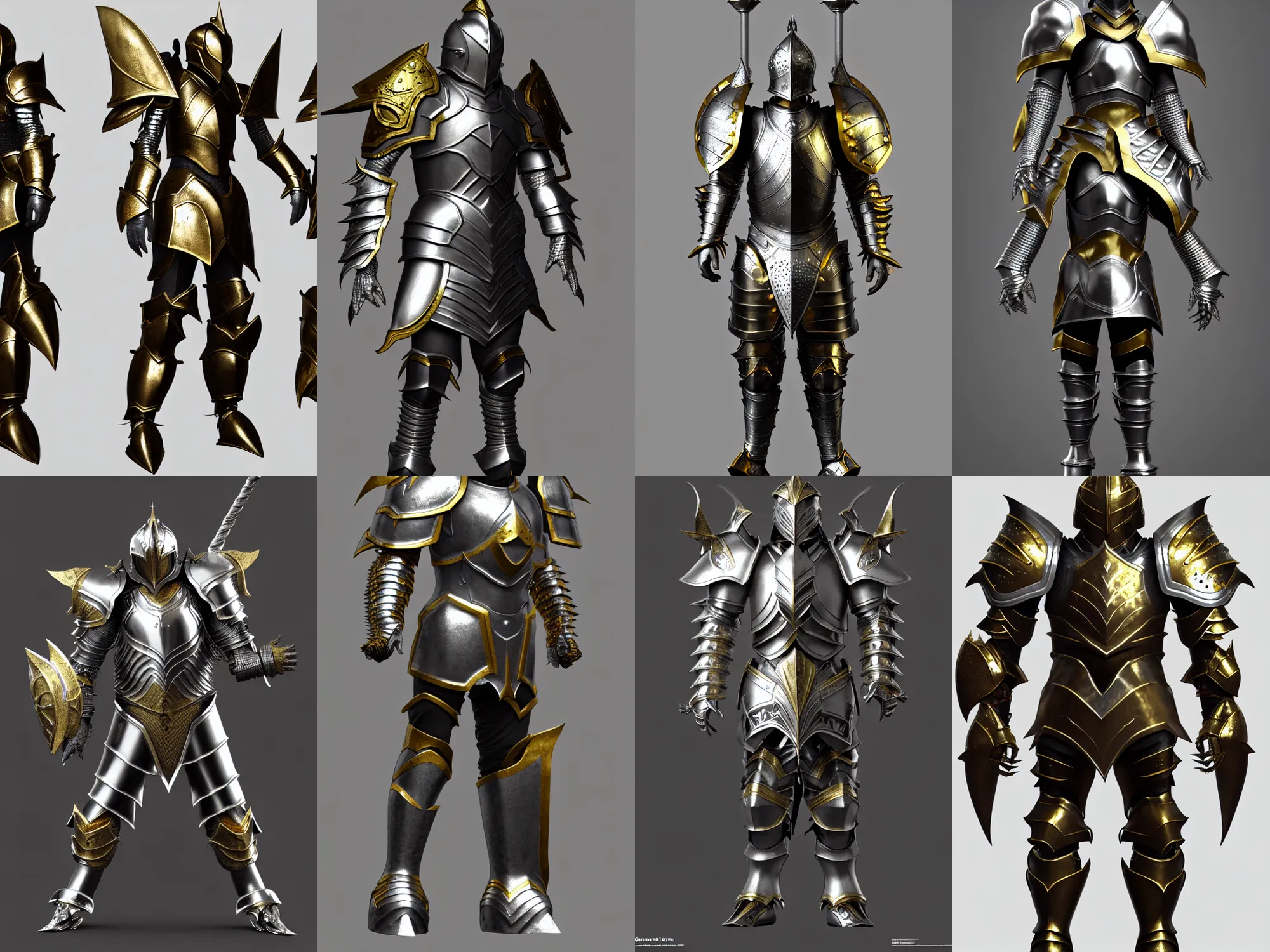 Prompt: render of awesome oversized fantasy armor, silver with gold trim, huge pauldrons, medieval fantasy, extremely clean, extremely ultra-exaggerated proportions, trending on Artstation, HD Octane render, 8k