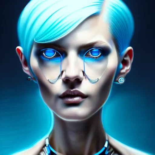 Image similar to woman with extremely large and intricate haircut with friendly blue eyes and slim features looking askance, eye cyberpunk bionics, retro futurist style, intricate, elegant gleaming jewelry, angelic halo, highly detailed, digital painting, artstation, concept art, smooth, sharp focus, illustration, art by wlop, mars ravelo and greg rutkowski,