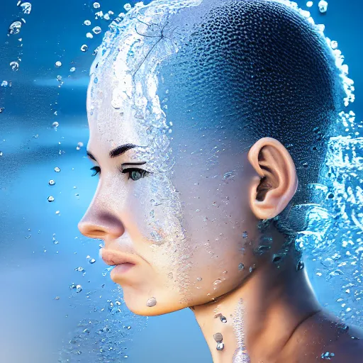 Prompt: water artwork manipulation in the shape of a human head, on the ocean water, futuristic, glowing, gradient, hyper realistic, ray tracing, realistic water, sharp focus, long shot, 8 k resolution, cinematic, photoshop water art