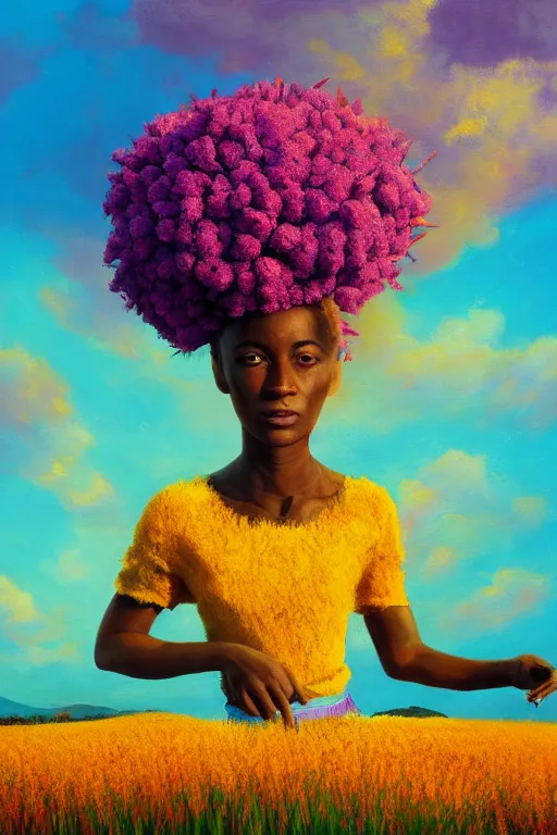 Prompt: closeup, large flower as head, an african woman in a heather field, surreal photography, golden hour, colorful clouds, impressionist painting, digital painting, artstation, simon stalenhag