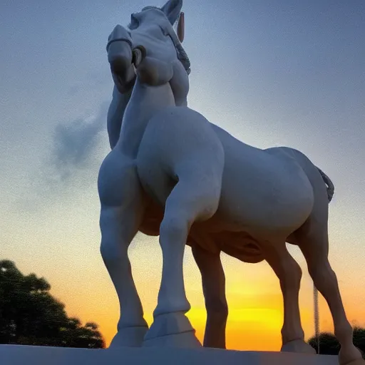 Image similar to A marble statue of a donkey, hyper-realistic, 8K HDR, sunset.