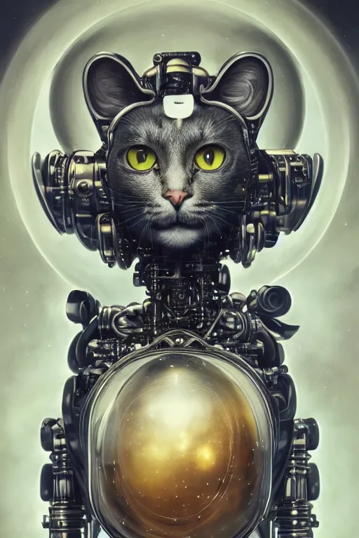 Image similar to a beautiful ultradetailed fine art photo of a futuristic cybernetic cyborg cat against galactic space, by tom bagshaw and natalie shau, portrait, 3 5 mm lens, golden ratio composition, detailed face, studio photography, very detailed, deep depth of field, humanoids, industrial robotic cats, artstation, 8 k, highly coherent