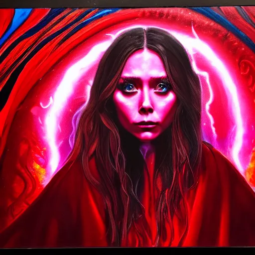 Image similar to a psychedelic painting of elizabeth olsen in a red wizards robe casting an evil spell, detailed face, red swirls, ominous lighting, night time, high quality