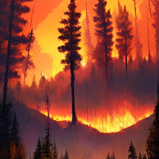 Image similar to forest fire in the Rocky Mountains, by Ismail Inceoglu,