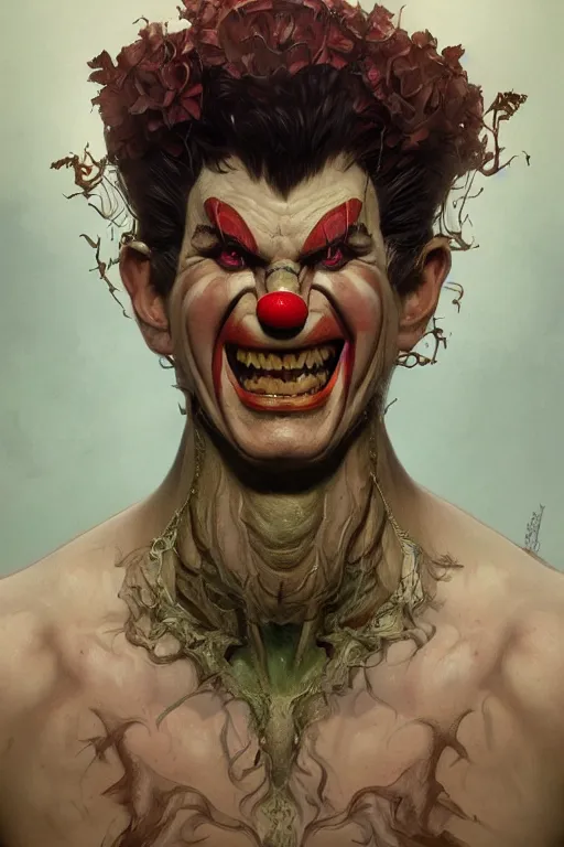 Prompt: portrait of a clown as a hulking herculean demon, forest, godlike, full body, fantasy, intricate, elegant, highly detailed, digital painting, artstation, concept art, sharp focus, illustration, art by artgerm and greg rutkowski and alphonse mucha