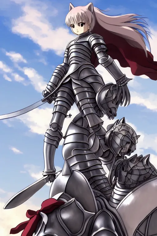 Prompt: a full body of the female knight riding a heavy armored giant cat, finely detailed features, closeup at the faces, perfect art, gapmoe yandere grimdark, trending on pixiv fanbox, painted by studio ghibli, akihiko yoshida