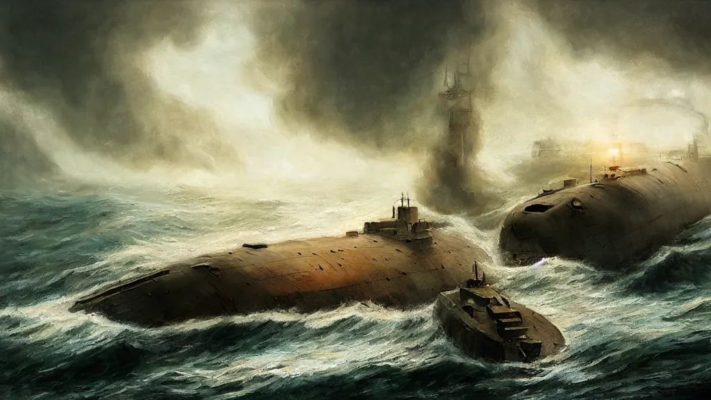 Image similar to soviet submarine destroyed by giant squid, stormy ocean, intricate, detailed, volumetric lighting, sharp focus, scenery, digital painting, highly detailed, concept art, ruan jia, steve mccurry